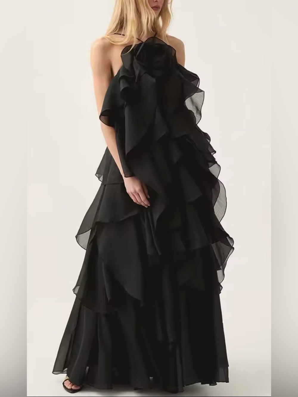 Elegant Black Ruffle Halter Evening Dress